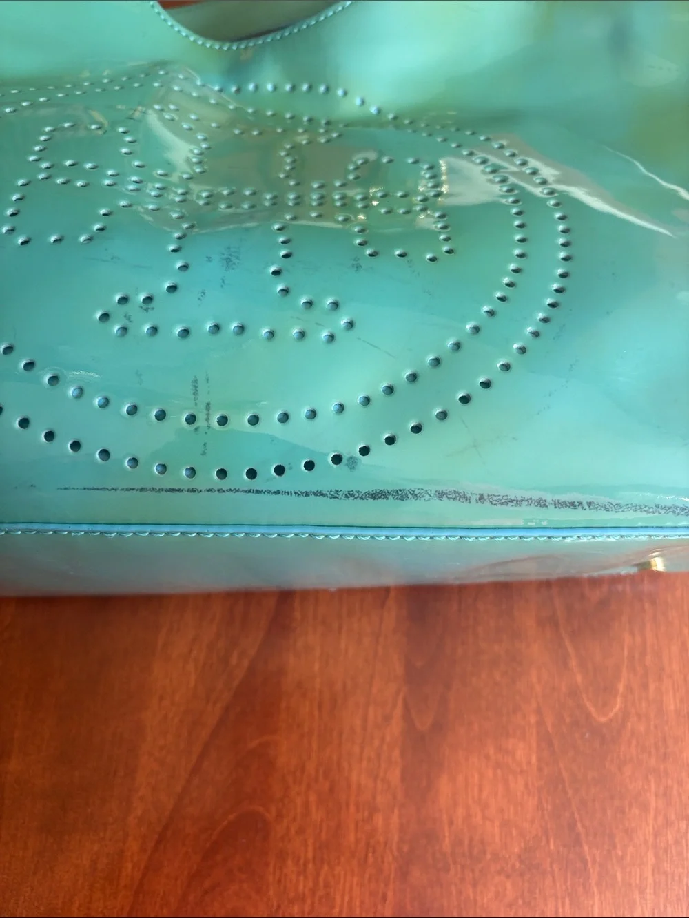 Tory Burch Patent Perforated Logo Tote in Teal